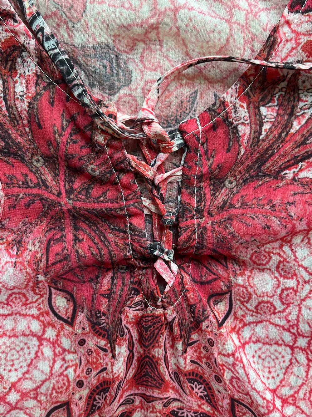 Style & Co. Sheer Pink & Black Floral Tie-Neck 3/4 Sleeve Boho Blouse - Picture 3 of 6
